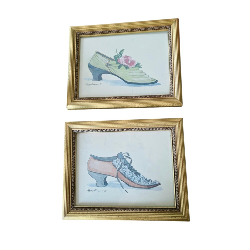 Vintage Peggy Abrams Framed Victorian Shoe Watercolor Art Prints Set of 2